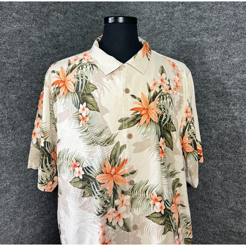 Tommy Bahama Shirt Mens XXL Tall Camp White Hawaiian Floral 100% Silk Button Up